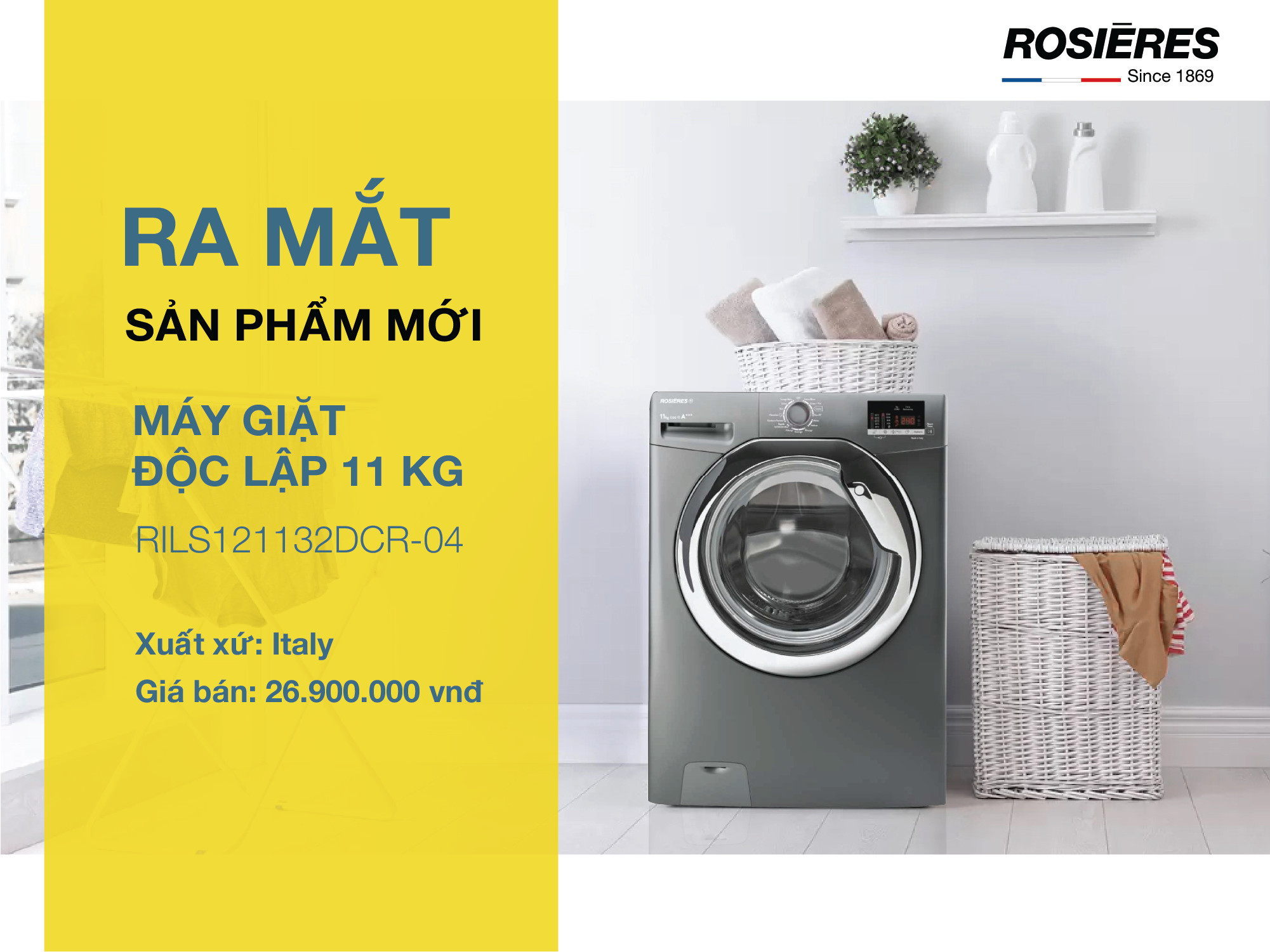 Rosieres ra mắt máy giặt độc lập RILS121132DCR-04 mới nhất 2022. Lồng giặt lớn 11kg, chức năng giặt hơi nước đặc biệt.